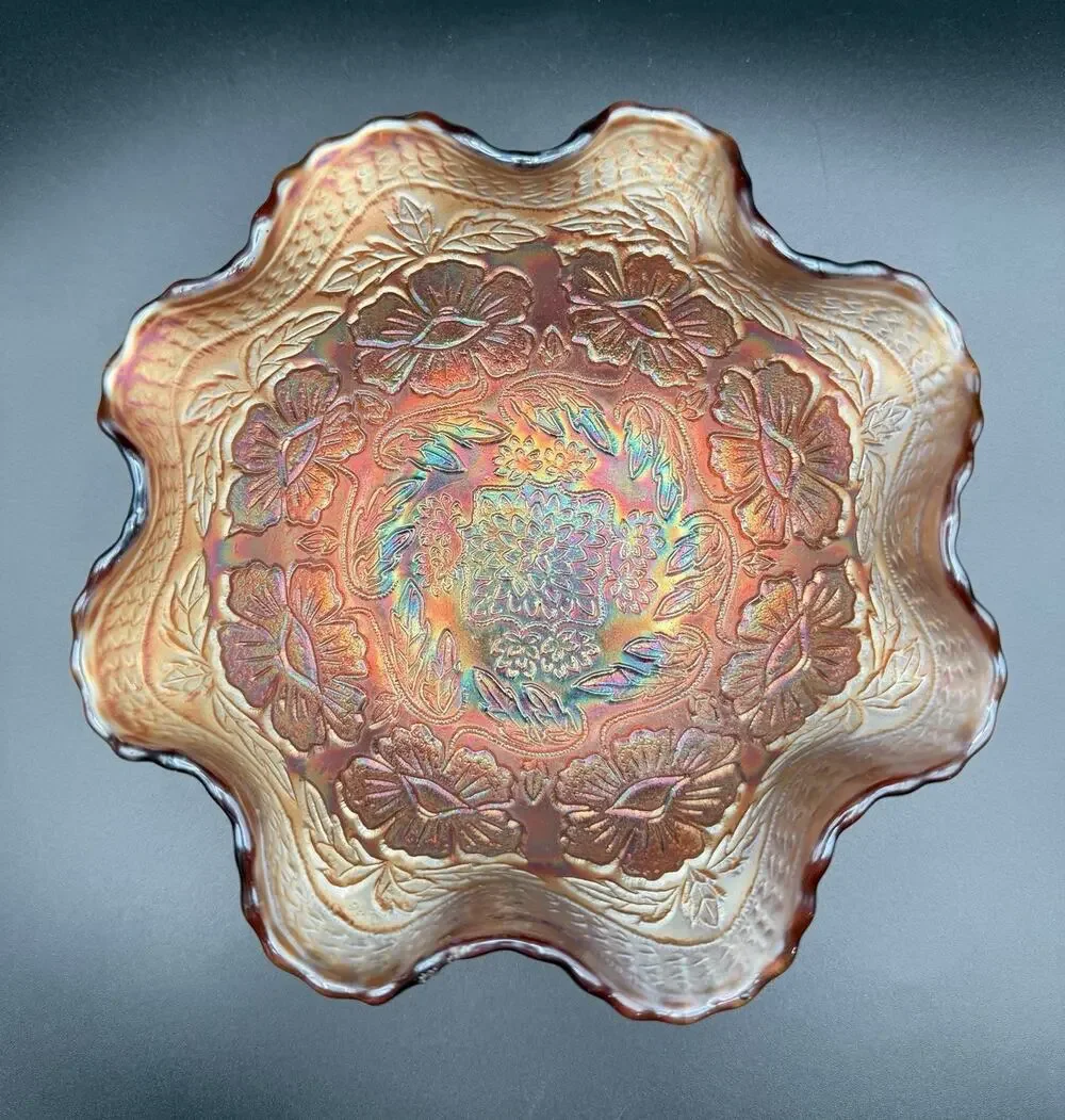 Fenton Two Flowers Carnival Glass Footed Bowl 8” Ruffled Wavy Edge Antique